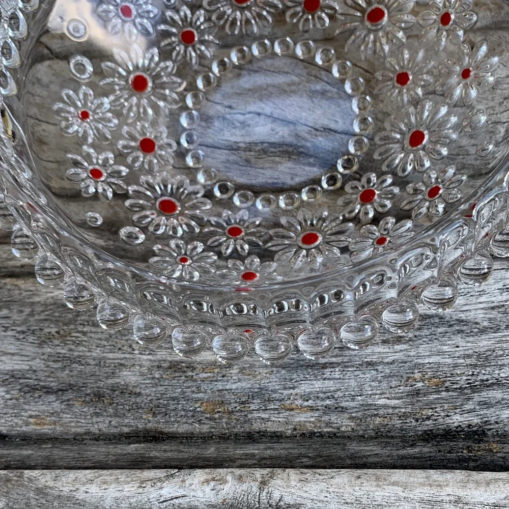 Vintage 70’s Walther Kristallglas Glass Daisy “Fabiola Basket Red Accent Dots - Picture 4 of 16